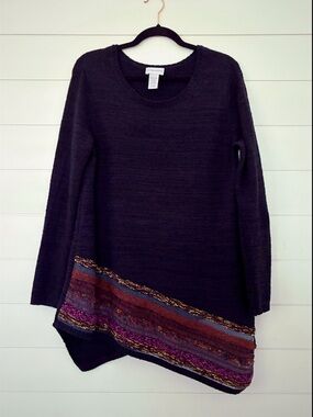 Soft Surroundings Black Asymmetrical Multicolor Hem Wool Blend Sweater